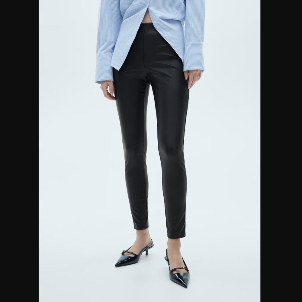 MANGO Faux Leather Black Leggings W/ Elastic Waistband & Side Zip Closure Sz M